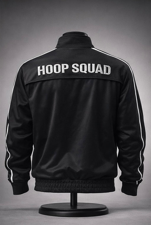 Model wearing black basketball jacket by Hoop Squad